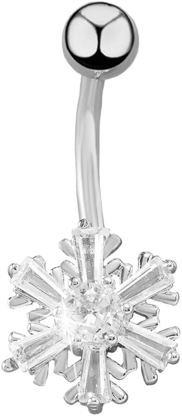 Snowflake Belly Button Ring for Women Men Unisex Surgical Stainless Steel Cubic Zirconia Winter Frozen Flower Navel Barbell Rings 14G Piercing Stud Jewelry Cute Christmas Birthday Gifts - 我的商店我的商店我的商店