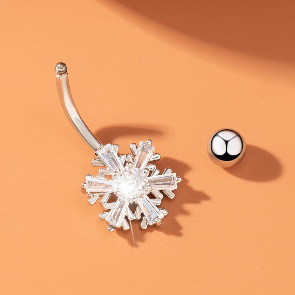 Snowflake Belly Button Ring for Women Men Unisex Surgical Stainless Steel Cubic Zirconia Winter Frozen Flower Navel Barbell Rings 14G Piercing Stud Jewelry Cute Christmas Birthday Gifts - 我的商店我的商店我的商店