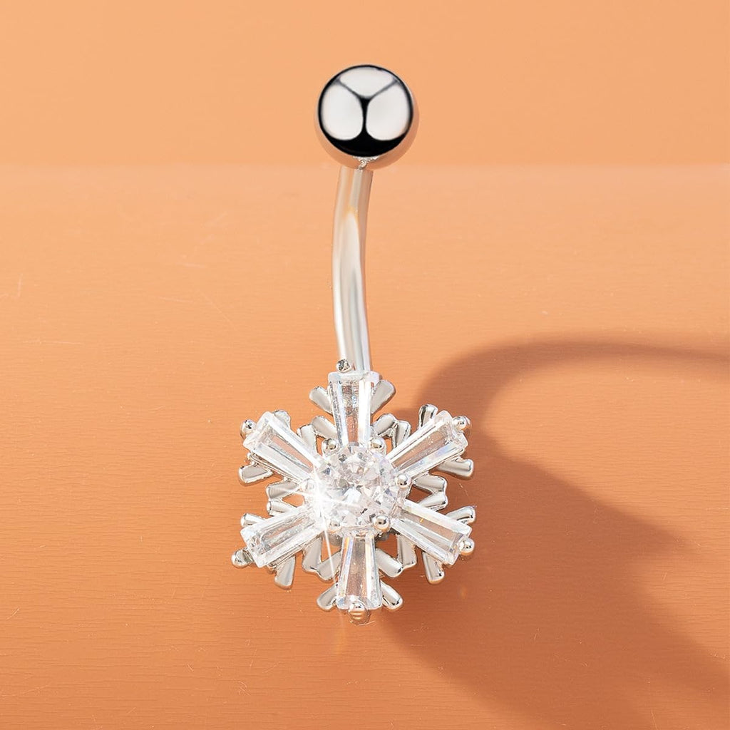 Snowflake Belly Button Ring for Women Men Unisex Surgical Stainless Steel Cubic Zirconia Winter Frozen Flower Navel Barbell Rings 14G Piercing Stud Jewelry Cute Christmas Birthday Gifts - 我的商店我的商店我的商店