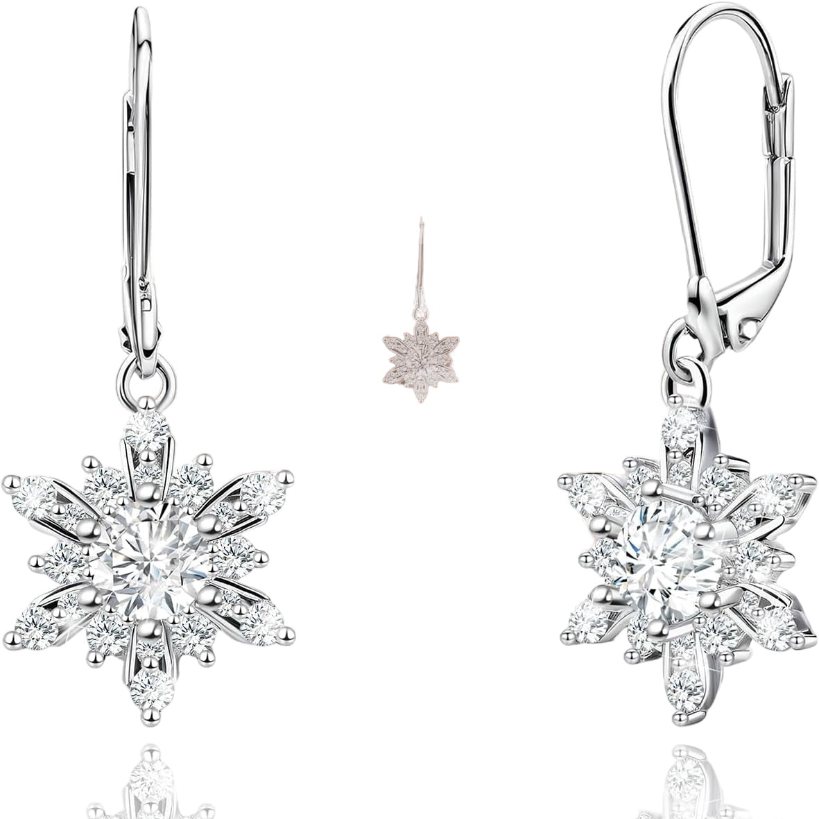 Snowflake Earrings for Women Sterling Silver Leverback Earrings Hypallergenic Clear Cubic Zirconia Sparkle Earring Classic Elegant Winter Christmas Jewelry Gifts for Her Mom Wife - 我的商店我的商店我的商店