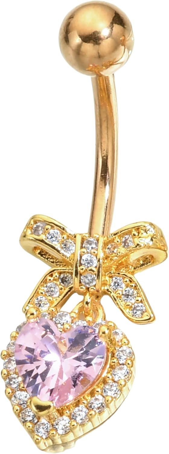 Sparkles Peach Heart Bow Stainless Steel CZ Dangle Navel Piercing Barbell Belly Button Rings For Women - 我的商店我的商店我的商店