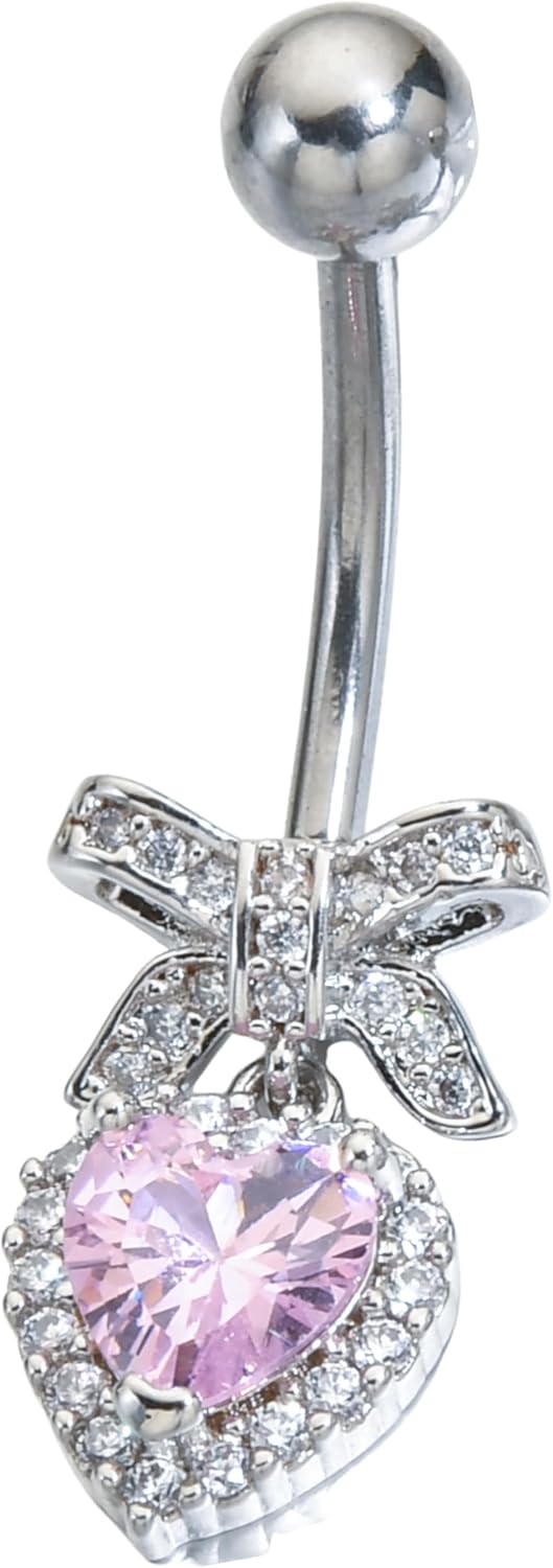 Sparkles Peach Heart Bow Stainless Steel CZ Dangle Navel Piercing Barbell Belly Button Rings For Women - 我的商店我的商店我的商店