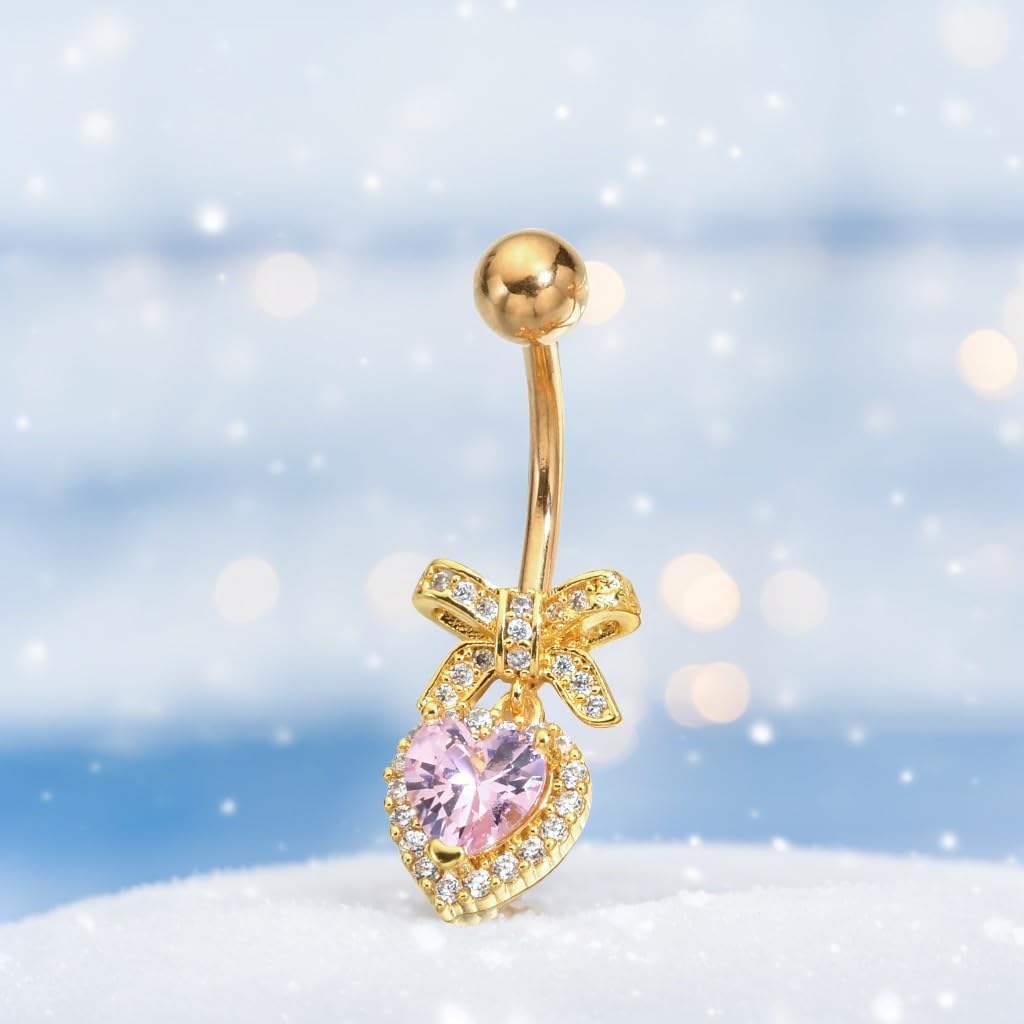 Sparkles Peach Heart Bow Stainless Steel CZ Dangle Navel Piercing Barbell Belly Button Rings For Women - 我的商店我的商店我的商店