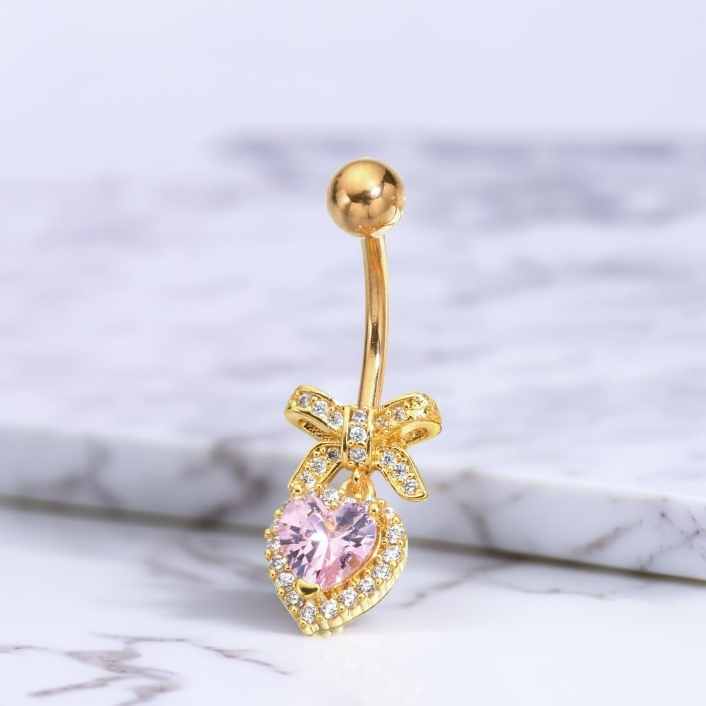 Sparkles Peach Heart Bow Stainless Steel CZ Dangle Navel Piercing Barbell Belly Button Rings For Women - 我的商店我的商店我的商店