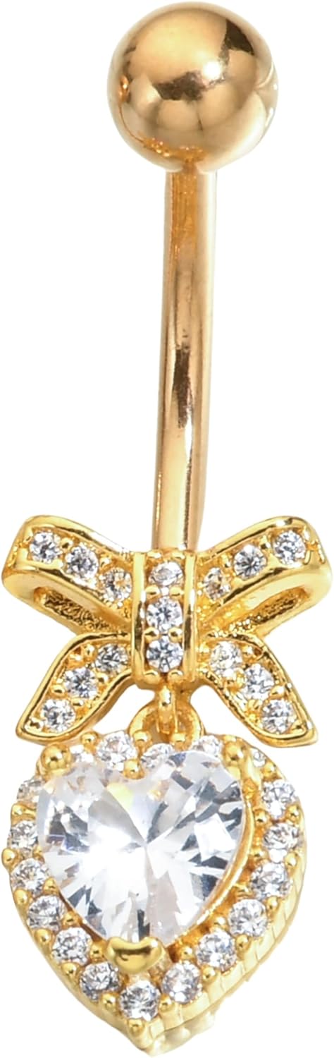 Sparkles Peach Heart Bow Stainless Steel CZ Dangle Navel Piercing Barbell Belly Button Rings For Women - 我的商店我的商店我的商店