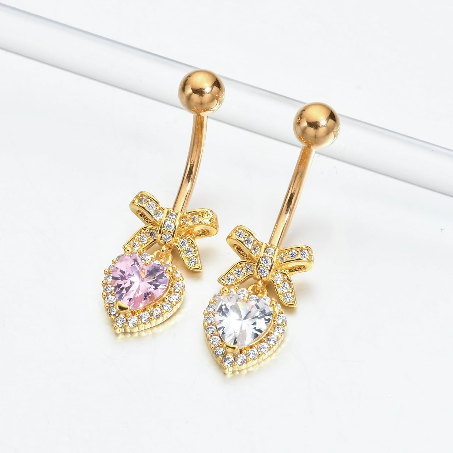 Sparkles Peach Heart Bow Stainless Steel CZ Dangle Navel Piercing Barbell Belly Button Rings For Women - 我的商店我的商店我的商店