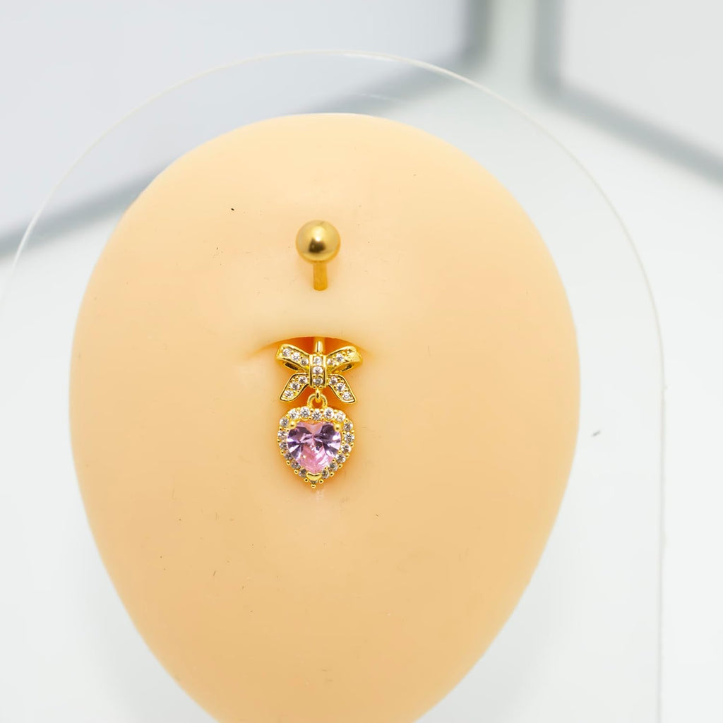 Sparkles Peach Heart Bow Stainless Steel CZ Dangle Navel Piercing Barbell Belly Button Rings For Women - 我的商店我的商店我的商店