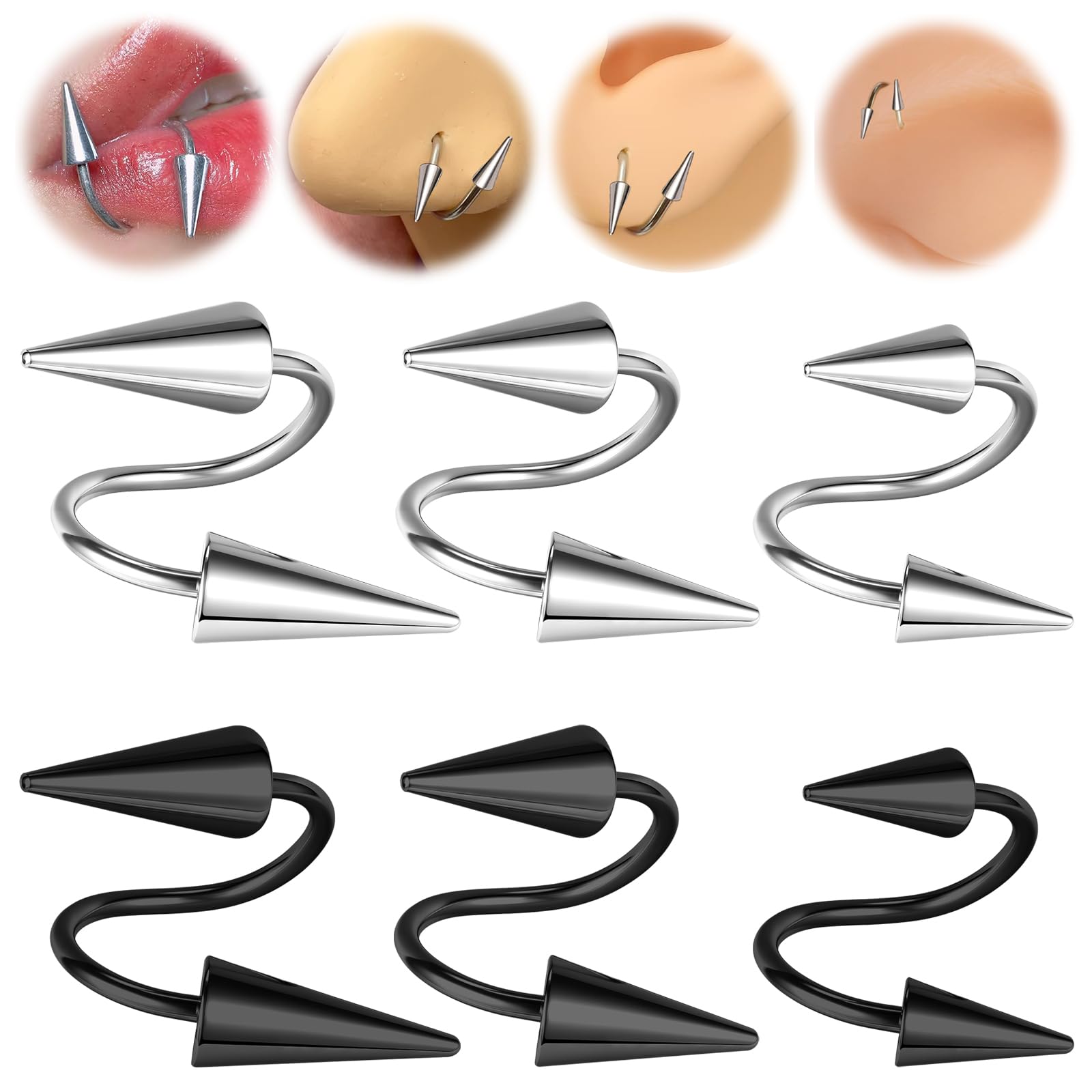 Spike Nose Rings Spiral Lip Rings, Stainless Steel Black Spike Earrings Cartilage Helix Piercing, Punk Spike Lower Labret Studs Piercing Jewelry - QIAO Crystal我的商店QIAO Crystal