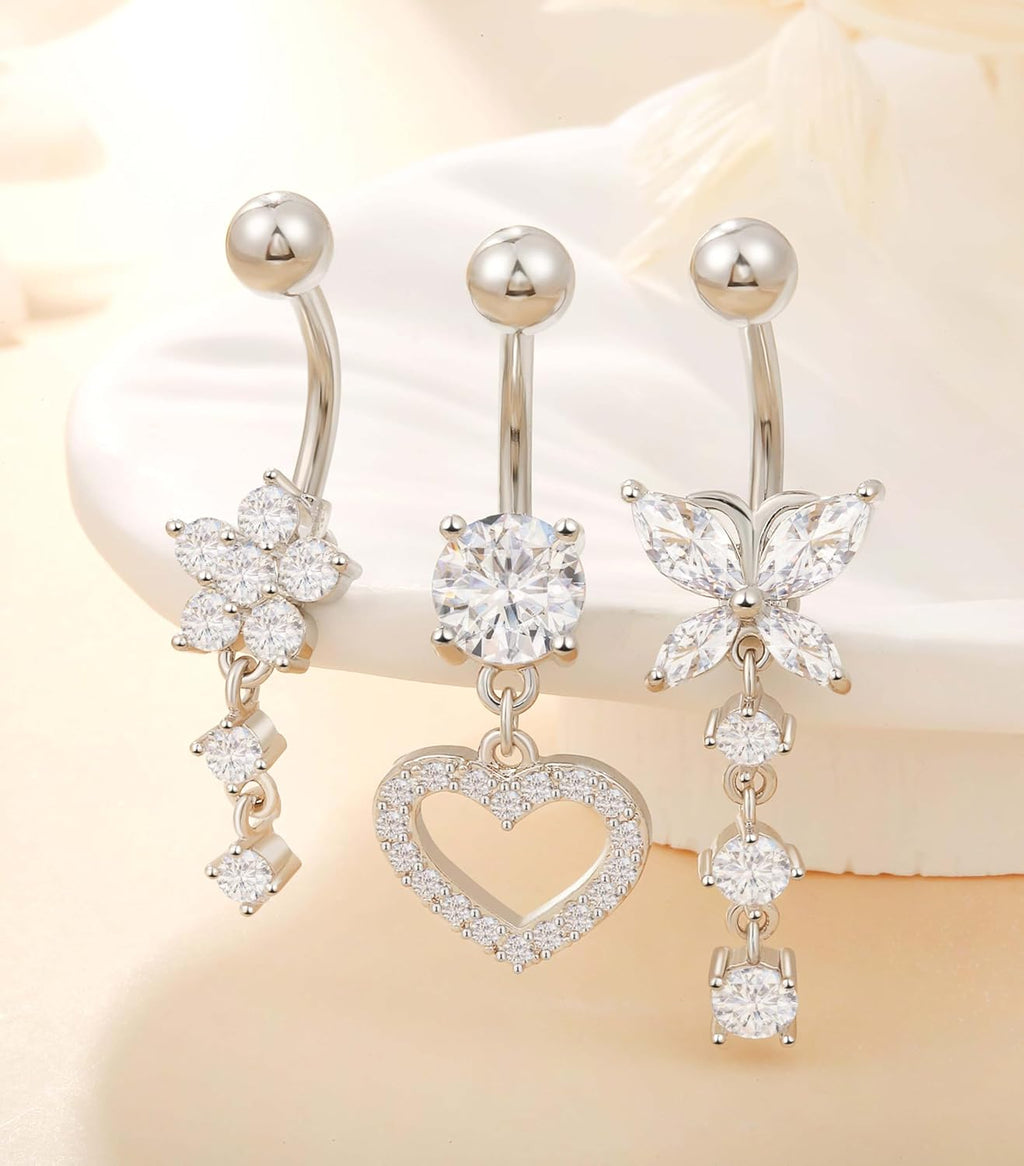 Stainless Steel Dangle Belly Button Rings for Women Belly Ring Dangling Piercing Jewelry with Heart Flower Butterfly14G - 我的商店我的商店我的商店