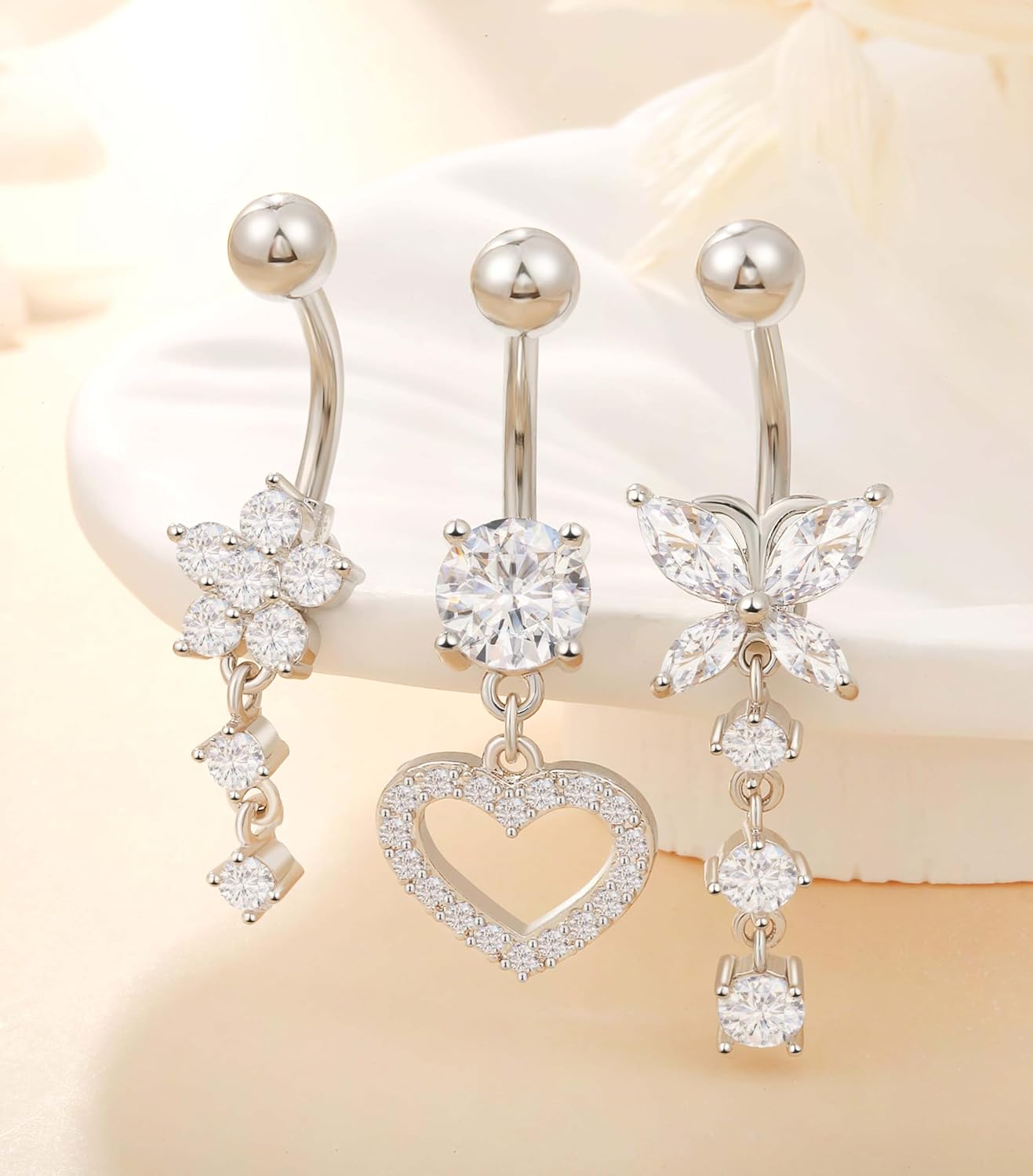 Stainless Steel Dangle Belly Button Rings for Women Belly Ring Dangling Piercing Jewelry with Heart Flower Butterfly14G - 我的商店我的商店我的商店
