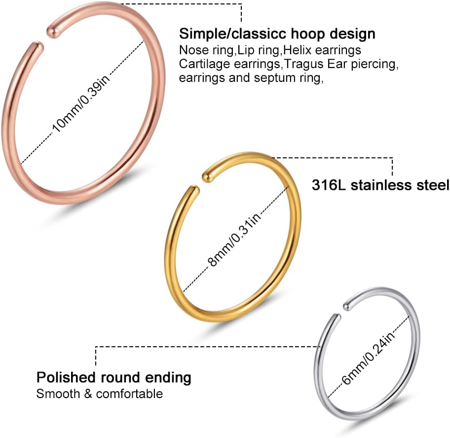 Stainless Steel Hoop Nose Ring Cartilage Ring Set 6 Color Set for Men and Women - QIAO CrystalQIAO CrystalQIAO Crystal