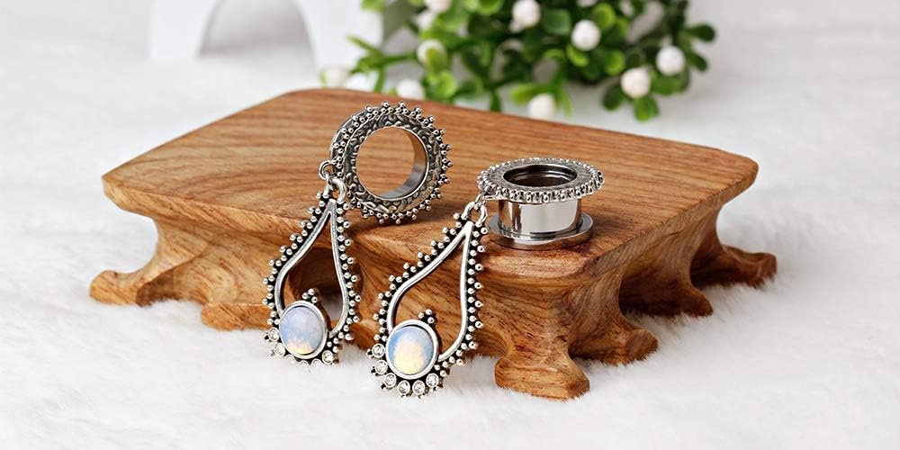 Stainless Steel Teardrop Opal Wedding Earrings Large Dangle Bridal Plug Ear Gauges - QIAO CrystalQIAO CrystalQIAO Crystal