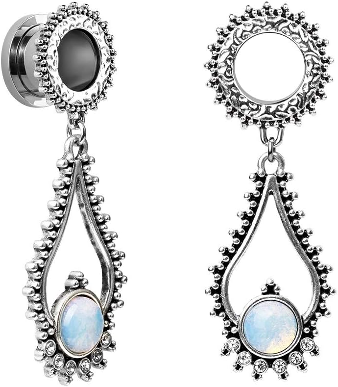 Stainless Steel Teardrop Opal Wedding Earrings Large Dangle Bridal Plug Ear Gauges - QIAO CrystalQIAO CrystalQIAO Crystal