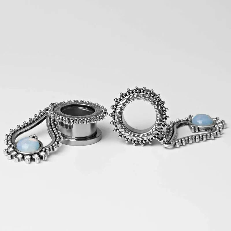 Stainless Steel Teardrop Opal Wedding Earrings Large Dangle Bridal Plug Ear Gauges