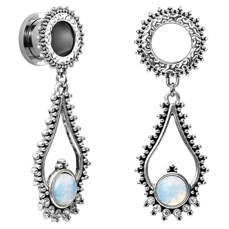 Stainless Steel Teardrop Opal Wedding Earrings Large Dangle Bridal Plug Ear Gauges - QIAO CrystalQIAO CrystalQIAO Crystal