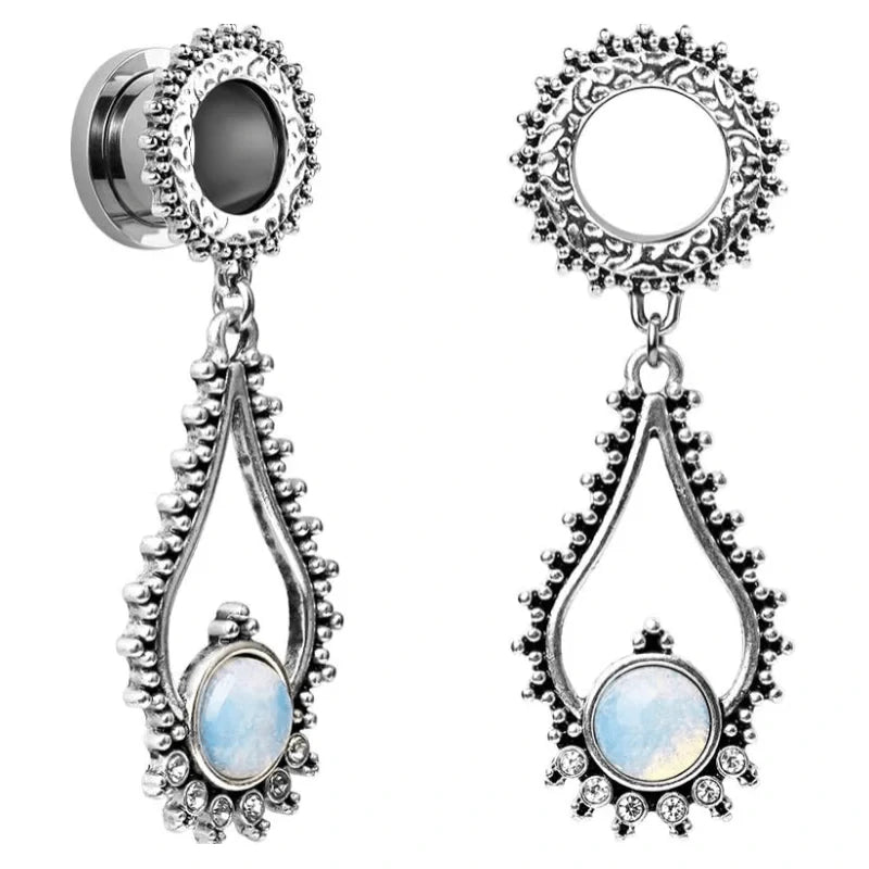Stainless Steel Teardrop Opal Wedding Earrings Large Dangle Bridal Plug Ear Gauges