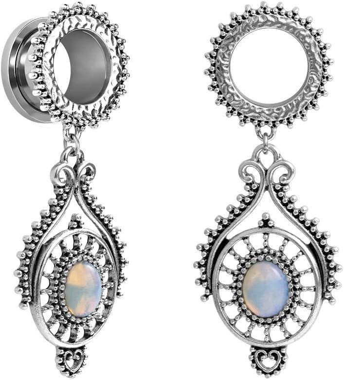 Stainless Steel Teardrop Opal Wedding Earrings Large Dangle Bridal Plug Ear Gauges - QIAO CrystalQIAO CrystalQIAO Crystal