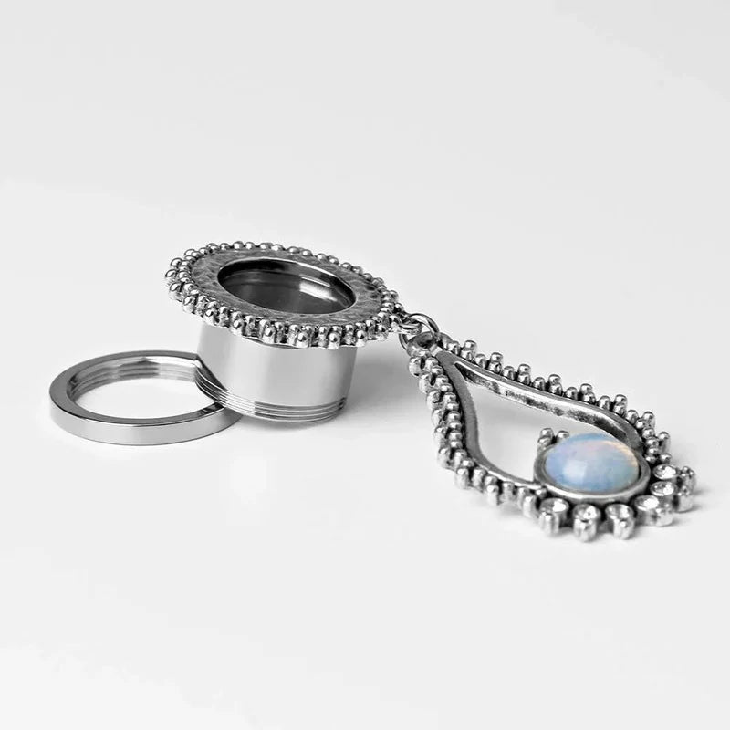 Stainless Steel Teardrop Opal Wedding Earrings Large Dangle Bridal Plug Ear Gauges