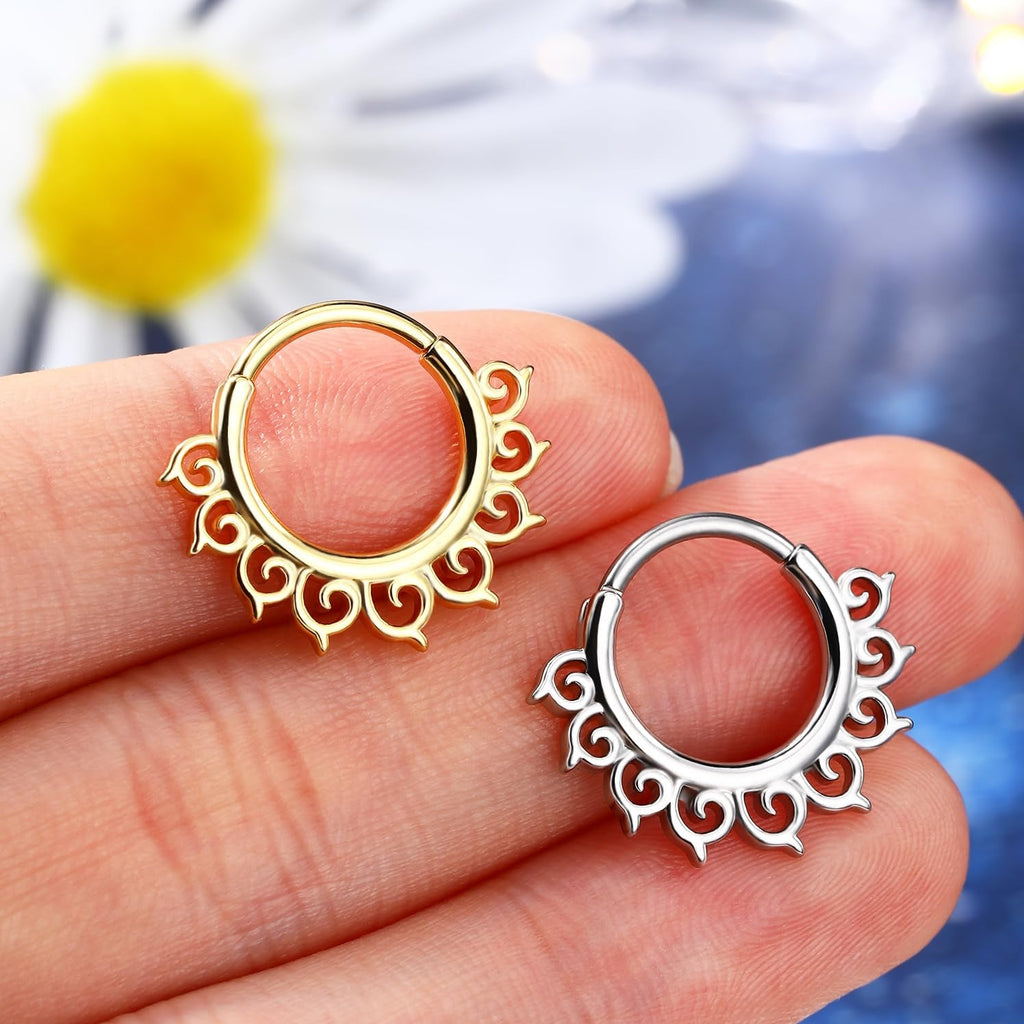 Star Septum Ring 16G 8mm Clicker with Hammered Five - Point Star Design, Surgical 316L Stainless Steel Nose and Daith Piercing Jewelry for Women and Men - QIAO Crystal我的商店QIAO Crystal