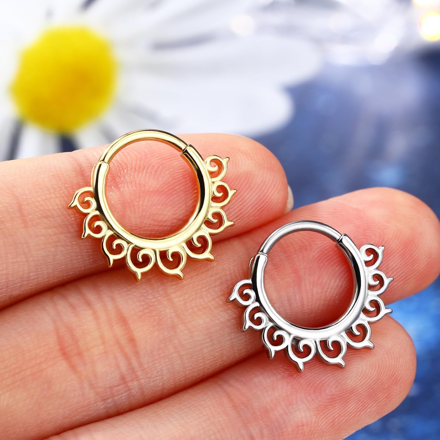 Star Septum Ring 16G 8mm Clicker with Hammered Five - Point Star Design, Surgical 316L Stainless Steel Nose and Daith Piercing Jewelry for Women and Men - QIAO Crystal我的商店QIAO Crystal