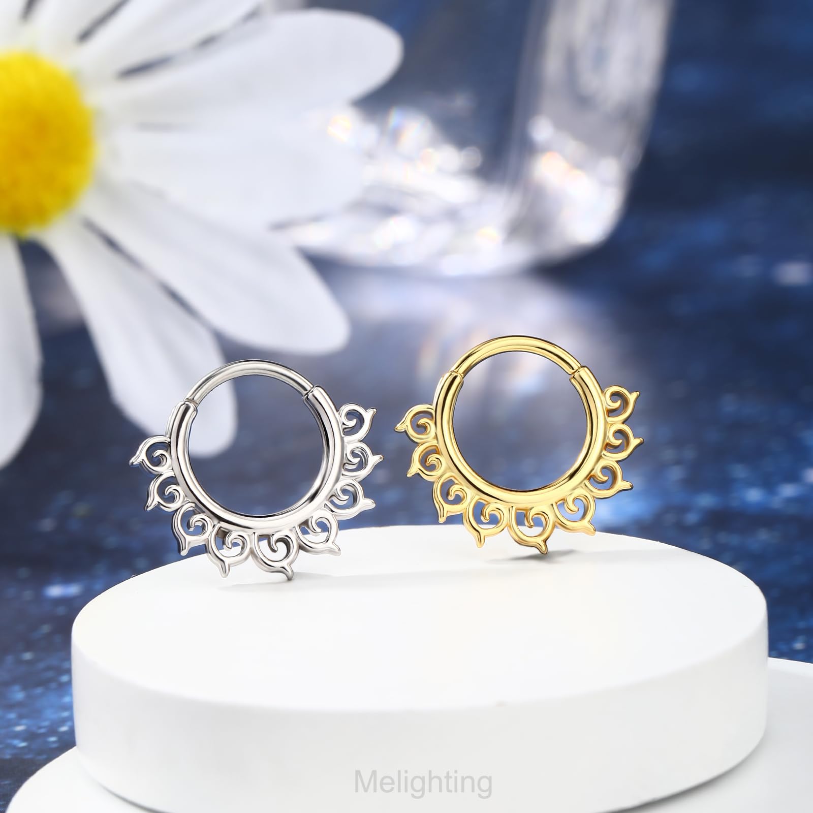 Star Septum Ring 16G 8mm Clicker with Hammered Five - Point Star Design, Surgical 316L Stainless Steel Nose and Daith Piercing Jewelry for Women and Men - QIAO Crystal我的商店QIAO Crystal