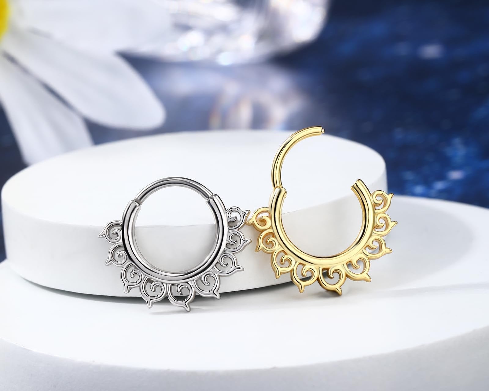Star Septum Ring 16G 8mm Clicker with Hammered Five - Point Star Design, Surgical 316L Stainless Steel Nose and Daith Piercing Jewelry for Women and Men - QIAO Crystal我的商店QIAO Crystal