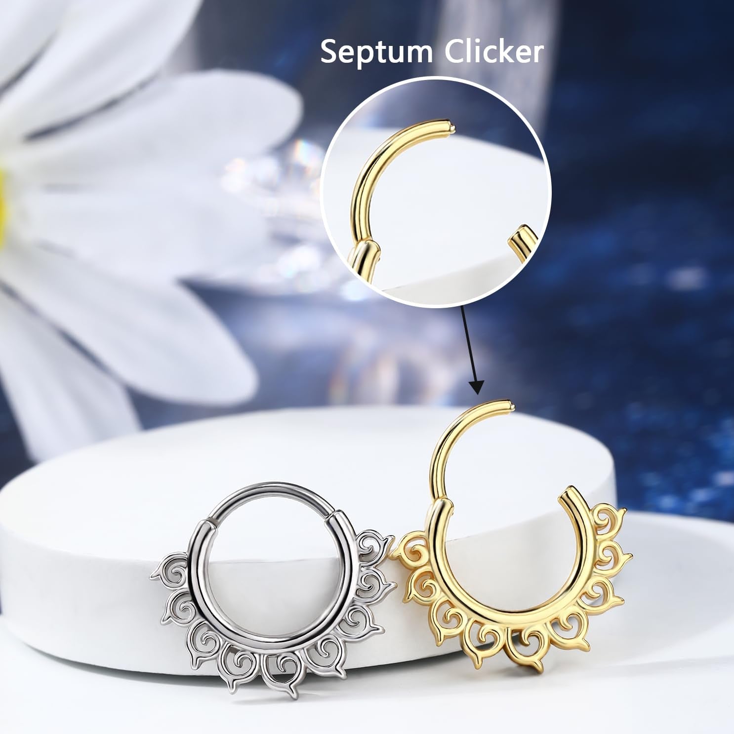 Star Septum Ring 16G 8mm Clicker with Hammered Five - Point Star Design, Surgical 316L Stainless Steel Nose and Daith Piercing Jewelry for Women and Men - QIAO Crystal我的商店QIAO Crystal