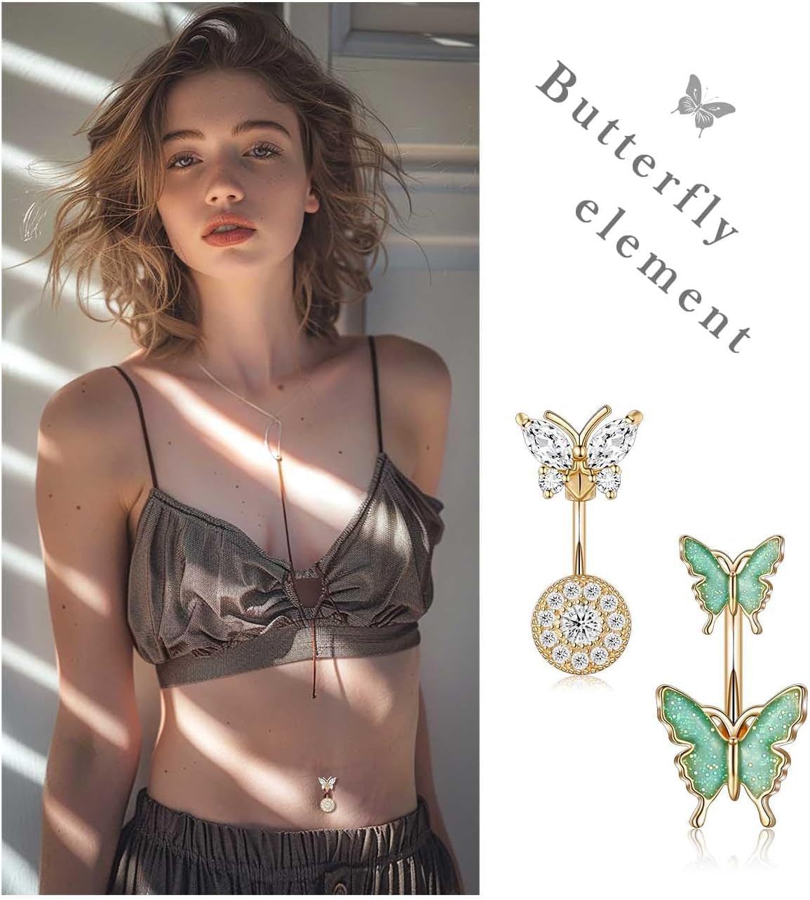 Steel Belly Button Ring for Women with Cute Butterfly Navel Rings Piercing Jewelry Pack - 我的商店我的商店我的商店