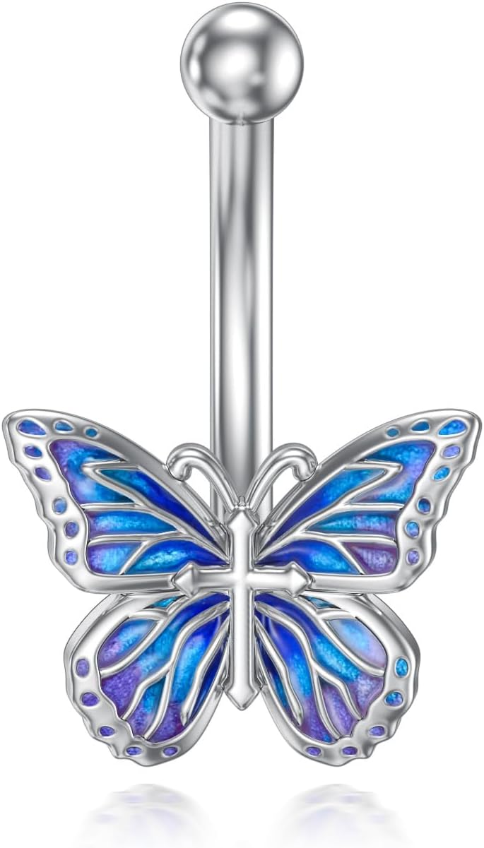 Sterling Silver 14G Belly Button Rings Cross/Cat/Butterfly/Cow/Skull/Birthstone Heart Navel Rings 16mm Body Piercing Jewelry for Women - 我的商店我的商店我的商店