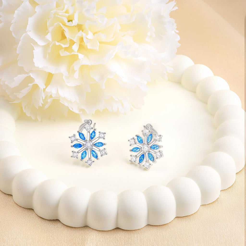 Sterling Silver Snowflakes Earrings for Women Hypoallergenic Sparkly Blue Cubic Zirconia Drop Dangle Earrings Christmas Winter Gifts for Her Wife Mom - 我的商店我的商店我的商店
