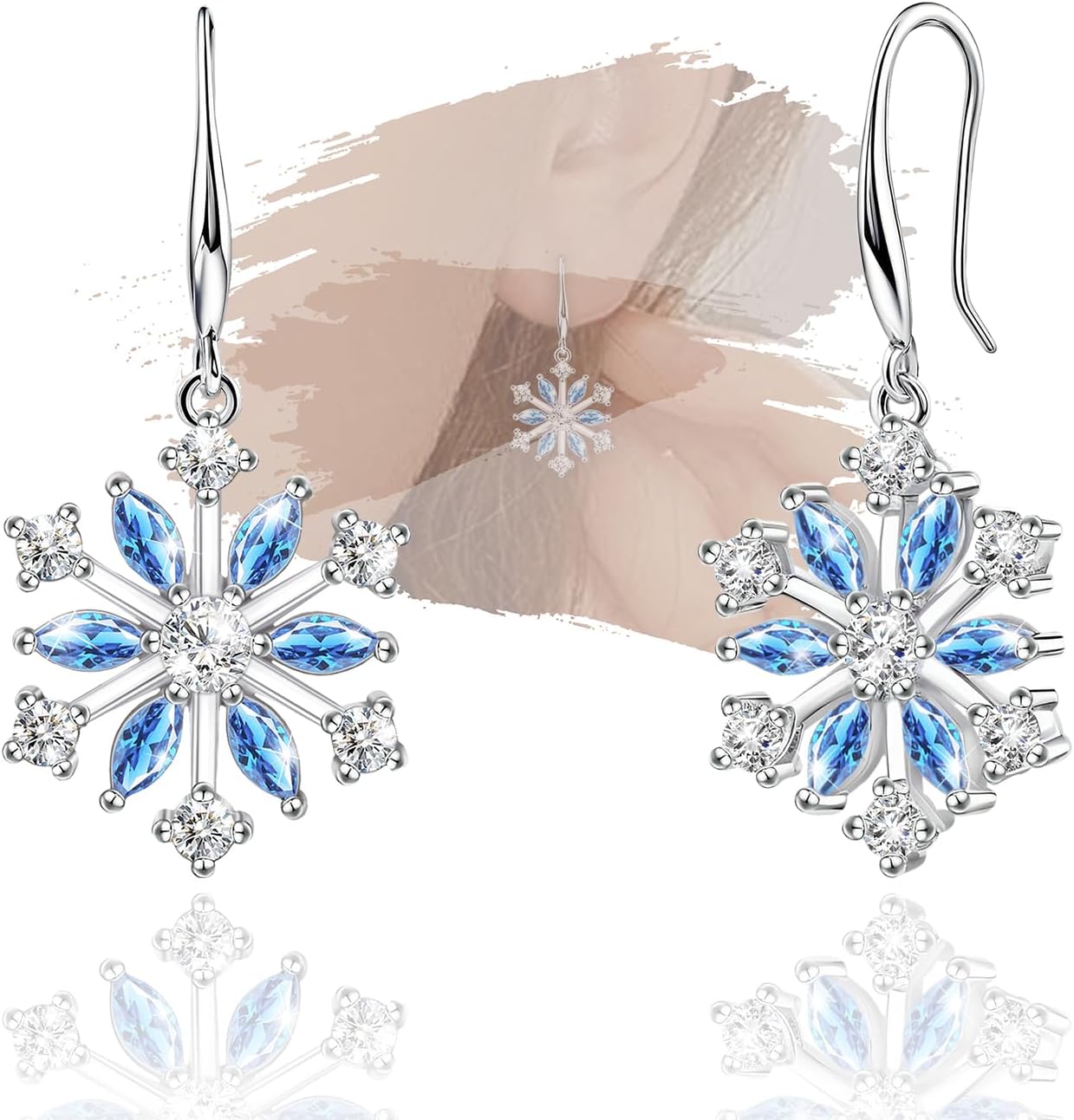 Sterling Silver Snowflakes Earrings for Women Hypoallergenic Sparkly Blue Cubic Zirconia Drop Dangle Earrings Christmas Winter Gifts for Her Wife Mom - 我的商店我的商店我的商店