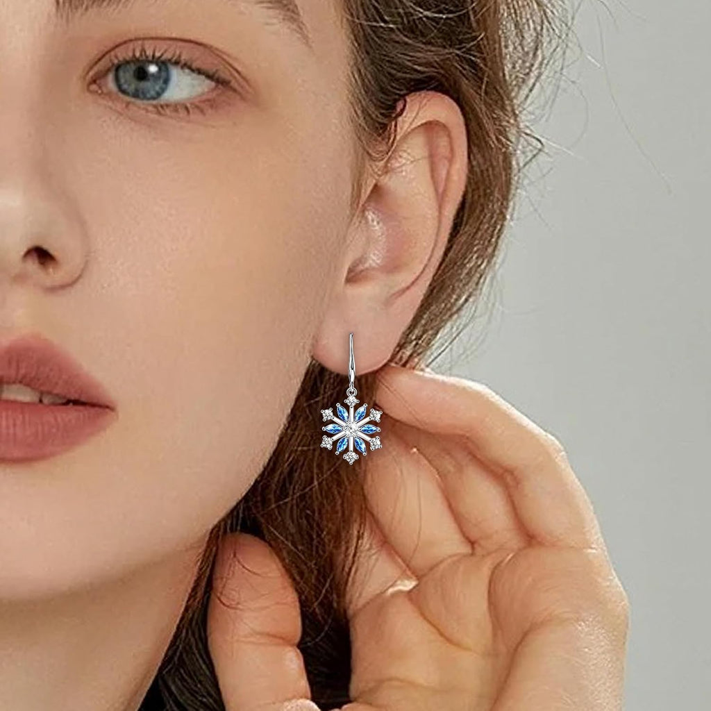 Sterling Silver Snowflakes Earrings for Women Hypoallergenic Sparkly Blue Cubic Zirconia Drop Dangle Earrings Christmas Winter Gifts for Her Wife Mom - 我的商店我的商店我的商店