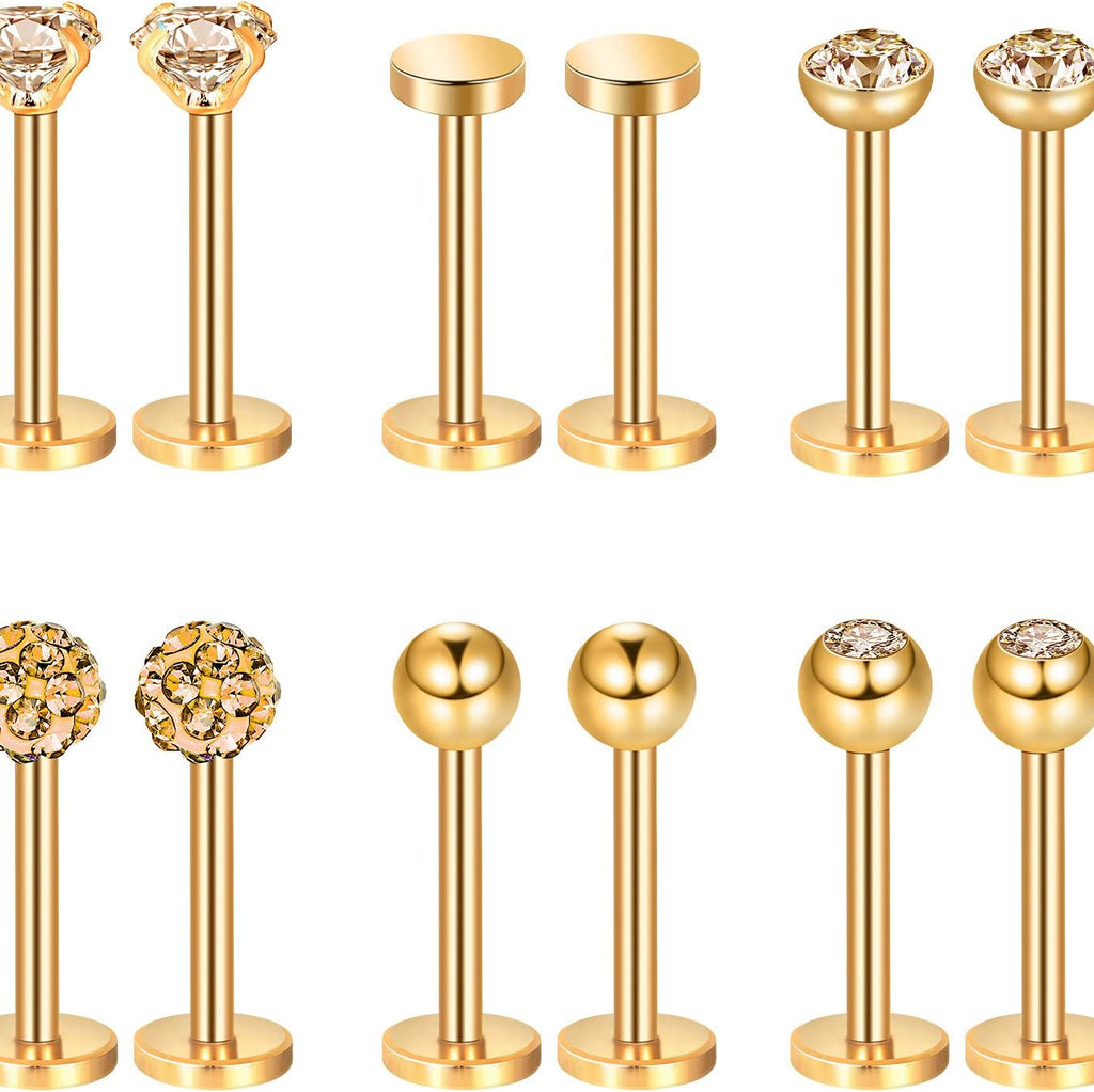 Sumind Nose Studs 16g Tragus Piercing Jewelry Gold Flat Back Earrings Diamond Crystal Lip Rings Stainless Steel Labret Bars Body Piercing Jewelry for Women Men, 6 Designs - QIAO CrystalQIAO CrystalQIAO Crystal
