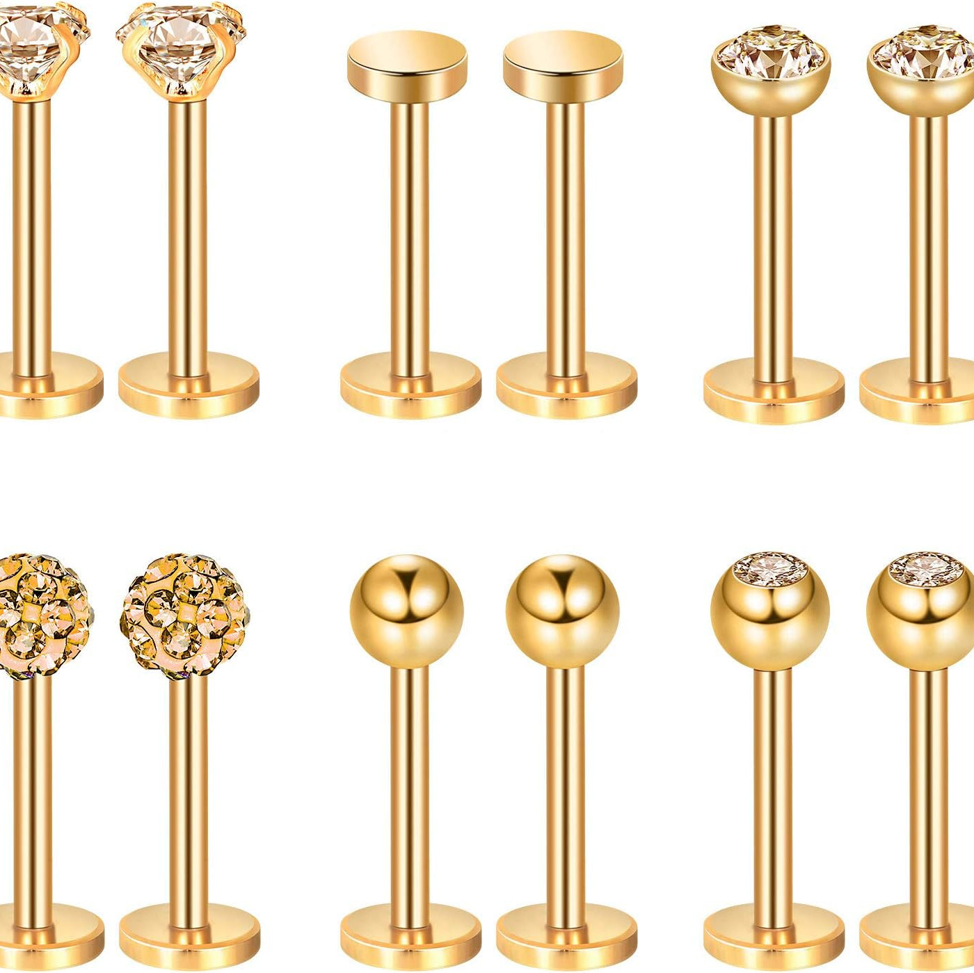 Sumind Nose Studs 16g Tragus Piercing Jewelry Gold Flat Back Earrings Diamond Crystal Lip Rings Stainless Steel Labret Bars Body Piercing Jewelry for Women Men, 6 Designs - QIAO CrystalQIAO CrystalQIAO Crystal