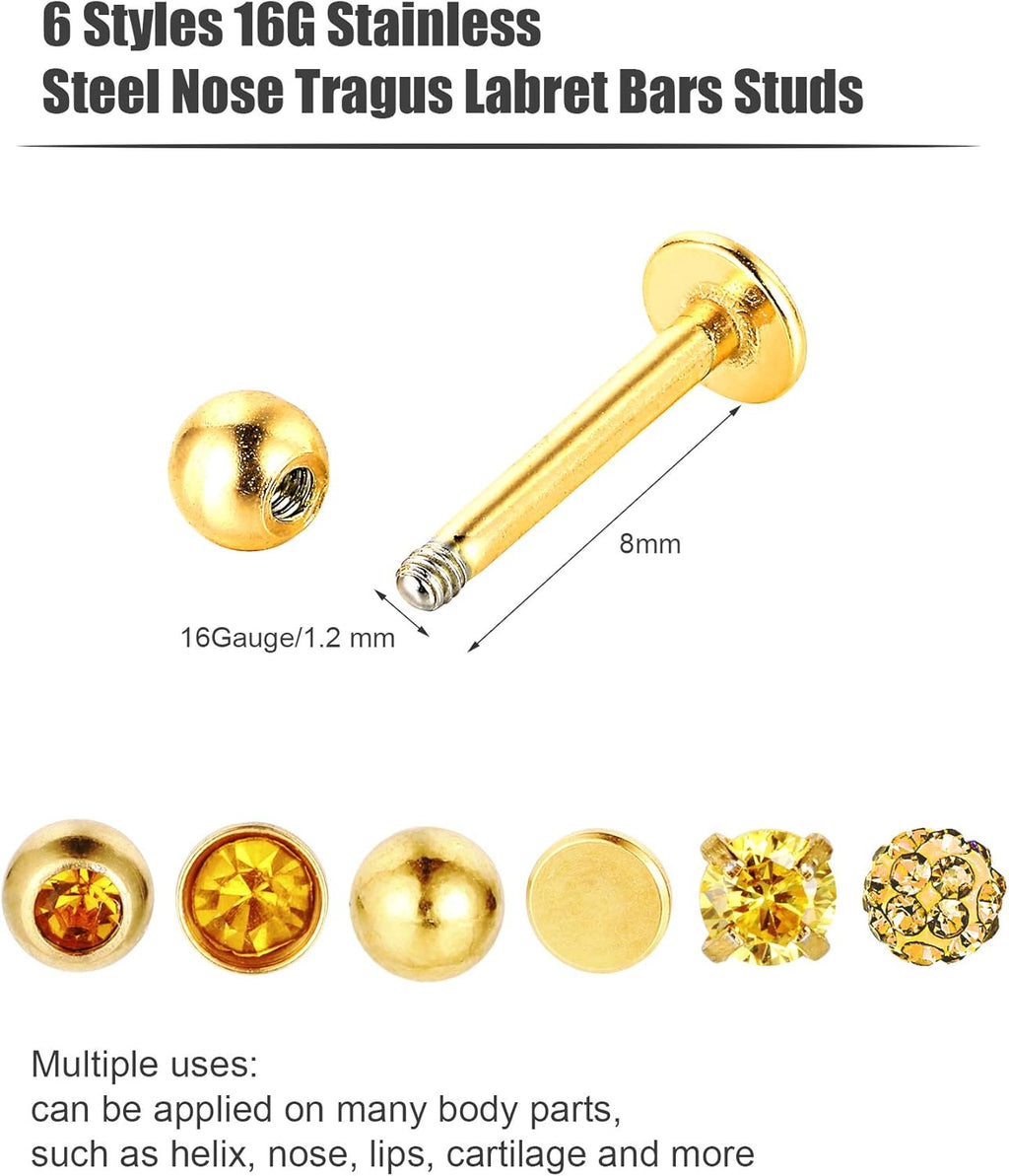 Sumind Nose Studs 16g Tragus Piercing Jewelry Gold Flat Back Earrings Diamond Crystal Lip Rings Stainless Steel Labret Bars Body Piercing Jewelry for Women Men, 6 Designs - QIAO CrystalQIAO CrystalQIAO Crystal