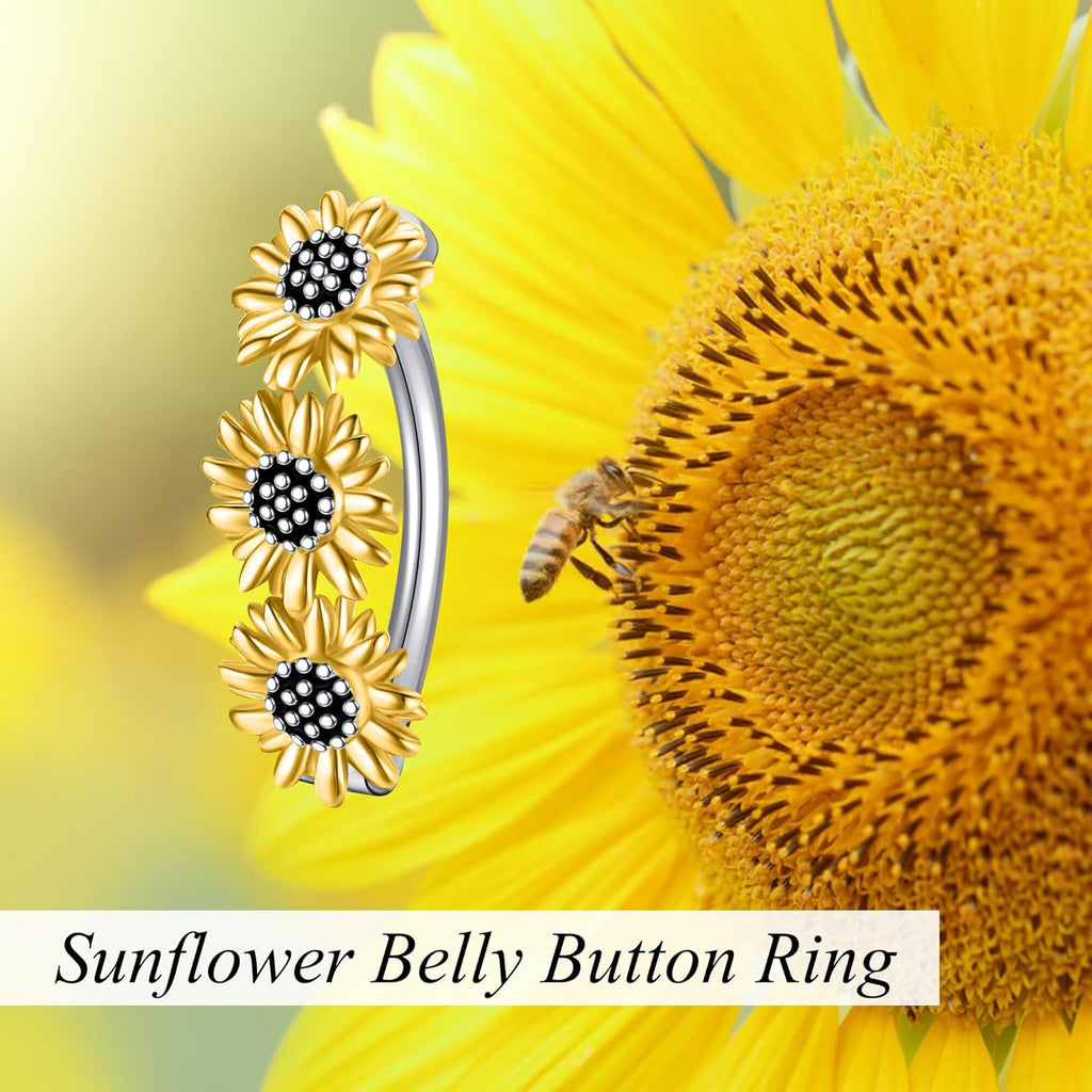 Sunflower Daisy Belly Button Ring Dangle Hoop 925 Sterling Silver Hypoallergenic Belly Button Piercing Body Navel Rings Sexy Belly Button Jewelry Gifts for Women (14G) - 我的商店我的商店我的商店