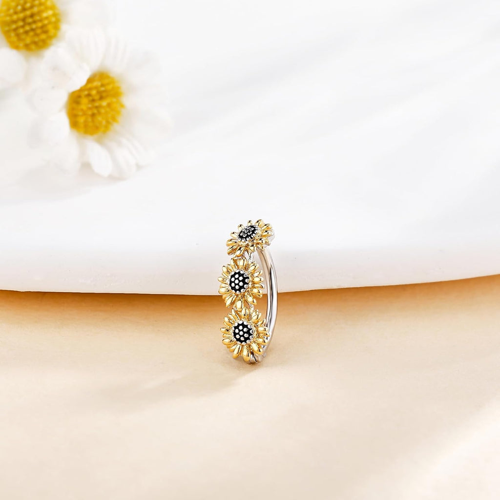 Sunflower Daisy Belly Button Ring Dangle Hoop 925 Sterling Silver Hypoallergenic Belly Button Piercing Body Navel Rings Sexy Belly Button Jewelry Gifts for Women (14G) - 我的商店我的商店我的商店