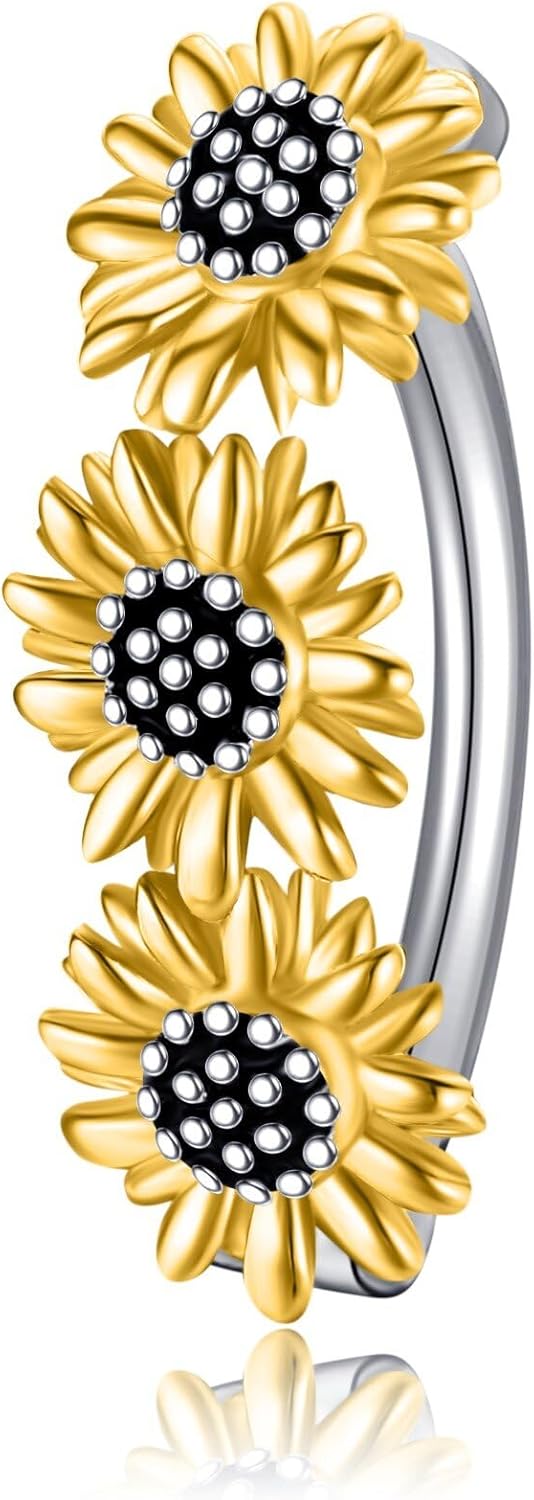 Sunflower Daisy Belly Button Ring Dangle Hoop 925 Sterling Silver Hypoallergenic Belly Button Piercing Body Navel Rings Sexy Belly Button Jewelry Gifts for Women (14G) - 我的商店我的商店我的商店