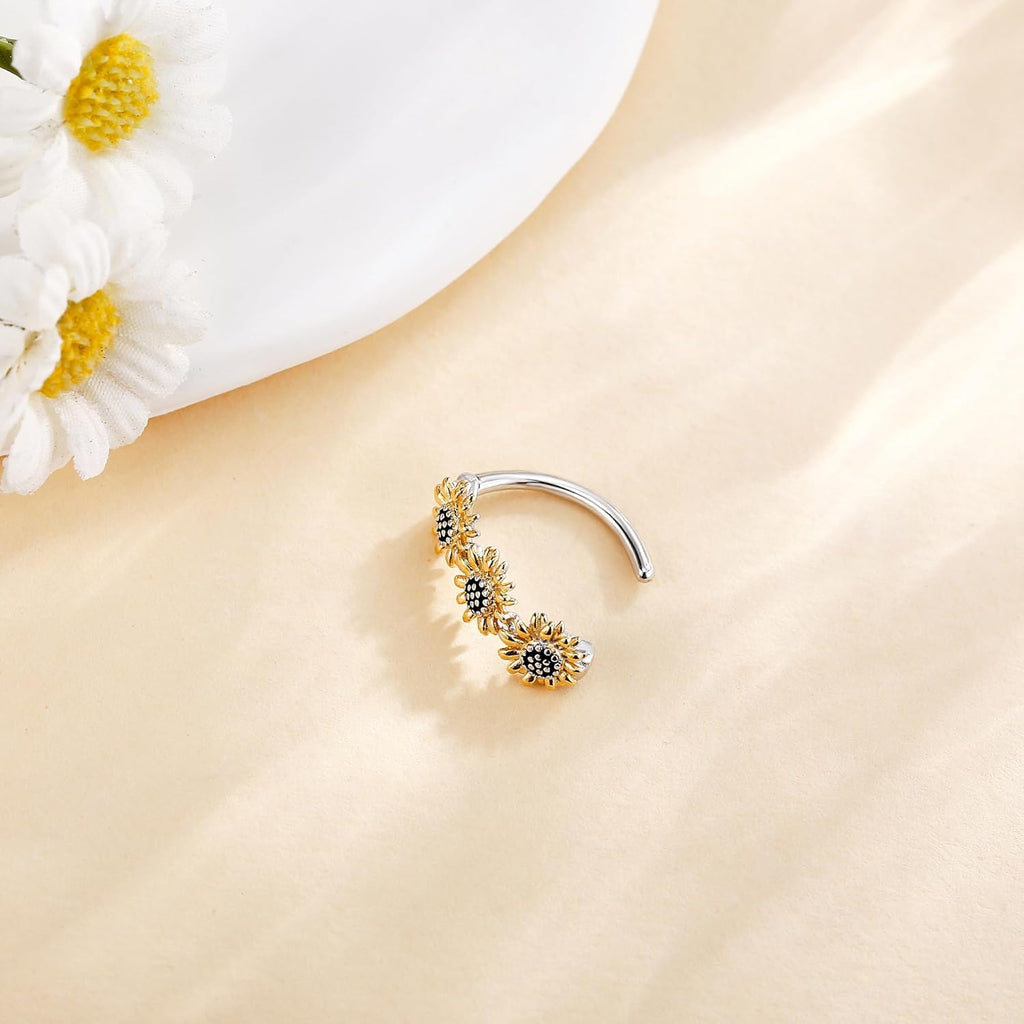 Sunflower Daisy Belly Button Ring Dangle Hoop 925 Sterling Silver Hypoallergenic Belly Button Piercing Body Navel Rings Sexy Belly Button Jewelry Gifts for Women (14G) - 我的商店我的商店我的商店