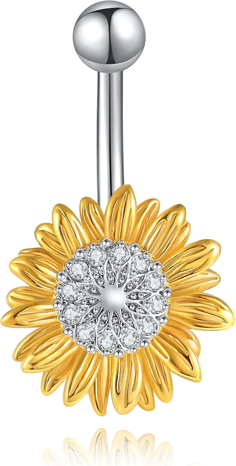 Sunflower Daisy Belly Button Ring Dangle Hoop 925 Sterling Silver Hypoallergenic Belly Button Piercing Body Navel Rings Sexy Belly Button Jewelry Gifts for Women (14G) - 我的商店我的商店我的商店