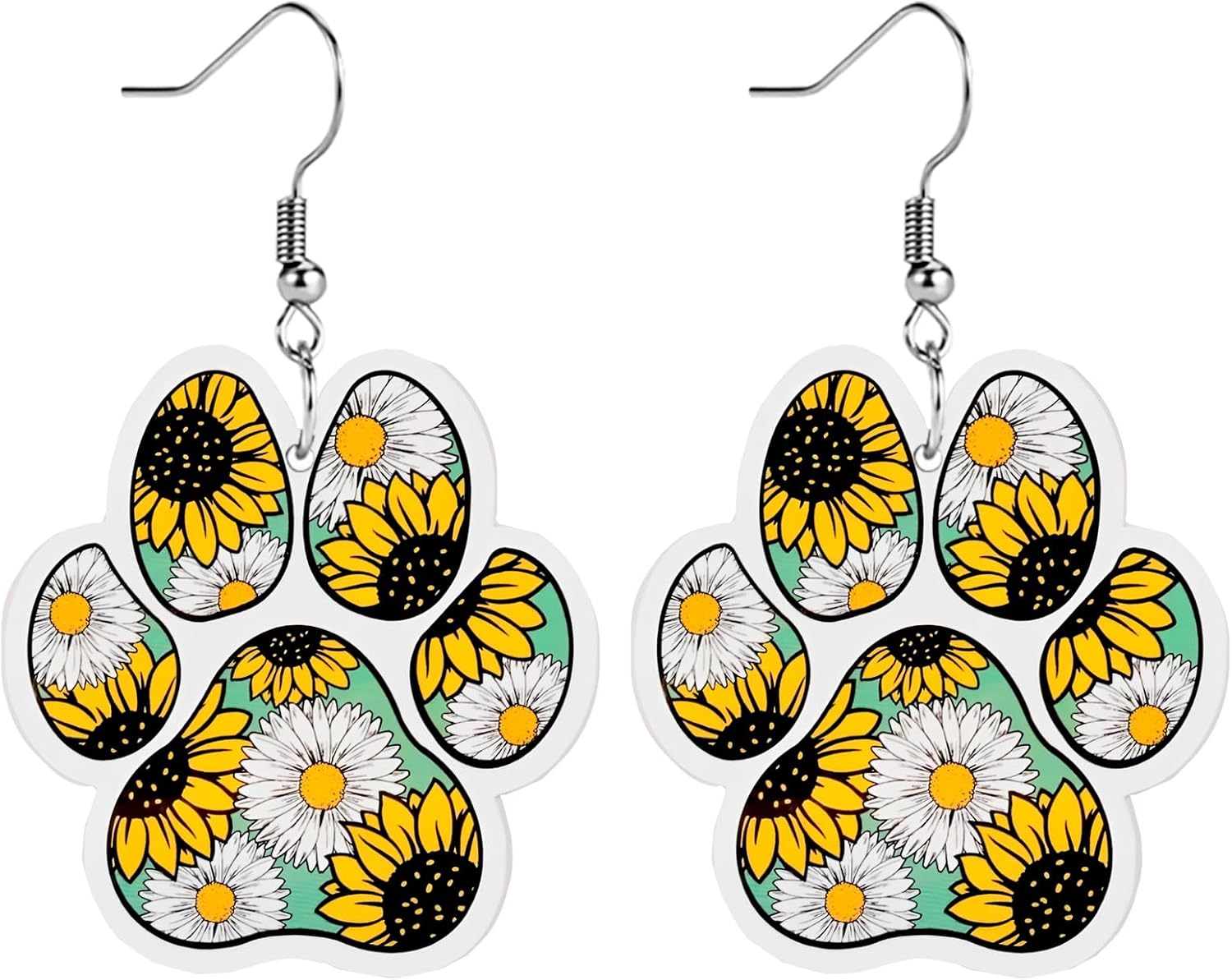 Sunflower Paw Print Earrings for Women - Unique & Quirky Funky Acrylic Dangle Earrings, Cute & Silly Novelty Design, Wacky & Crazy Earrings for Fun Lovers - 我的商店我的商店我的商店