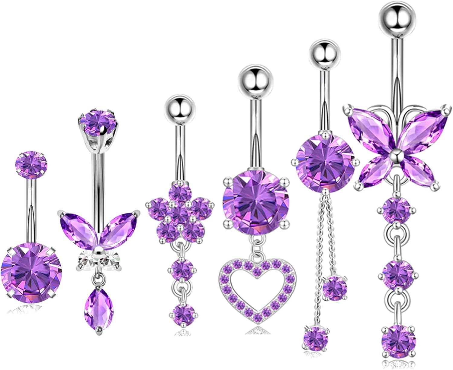 Surgical Stainless Steel Dangle Belly Button Rings for Women Belly Ring Dangling Piercing Jewelry with Heart Flower Butterfly Silver 14G - 我的商店我的商店我的商店