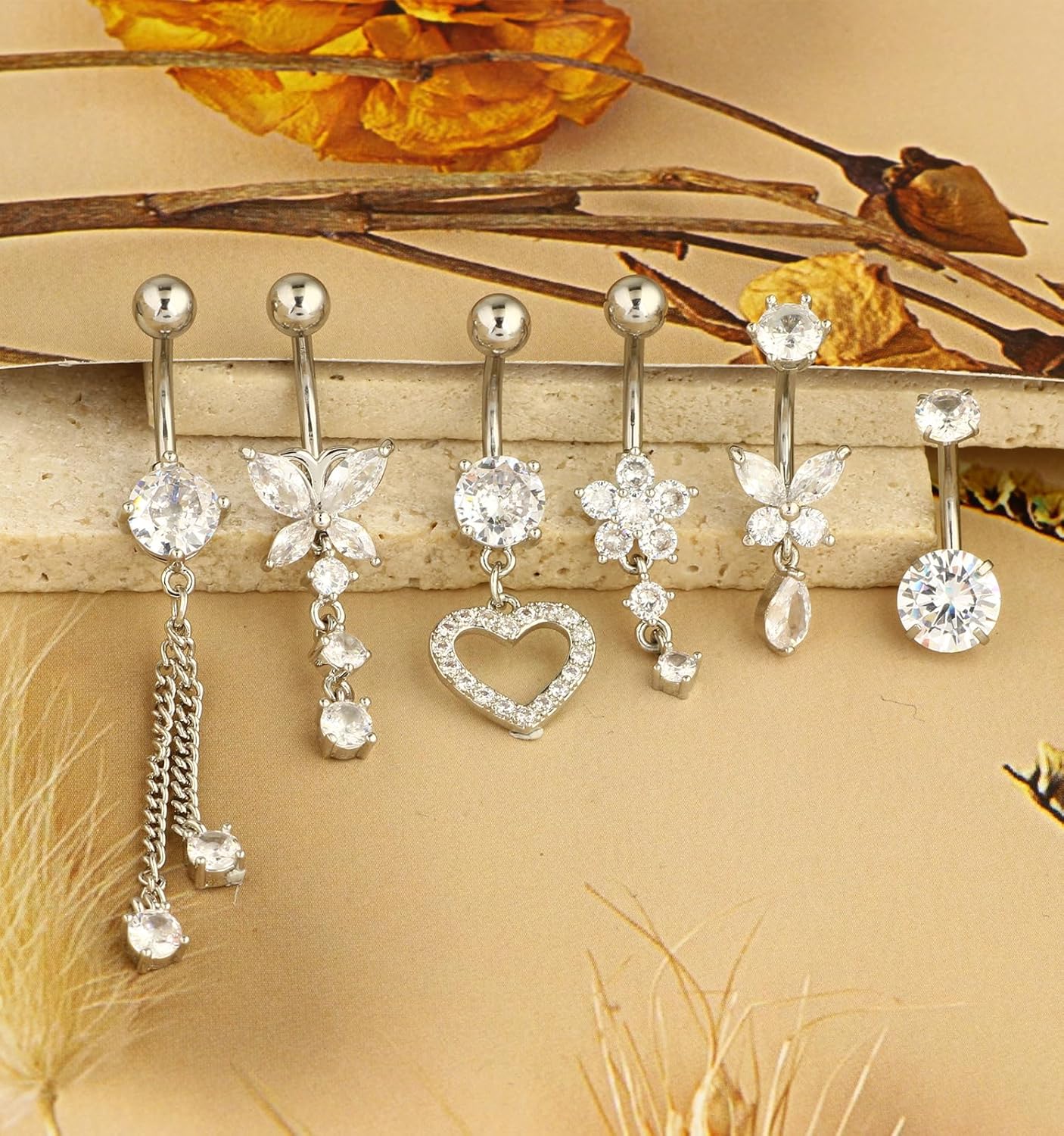 Surgical Stainless Steel Dangle Belly Button Rings for Women Belly Ring Dangling Piercing Jewelry with Heart Flower Butterfly Silver 14G - 我的商店我的商店我的商店