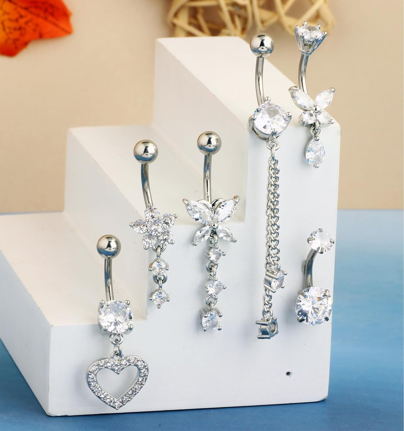 Surgical Stainless Steel Dangle Belly Button Rings for Women Belly Ring Dangling Piercing Jewelry with Heart Flower Butterfly Silver 14G - 我的商店我的商店我的商店