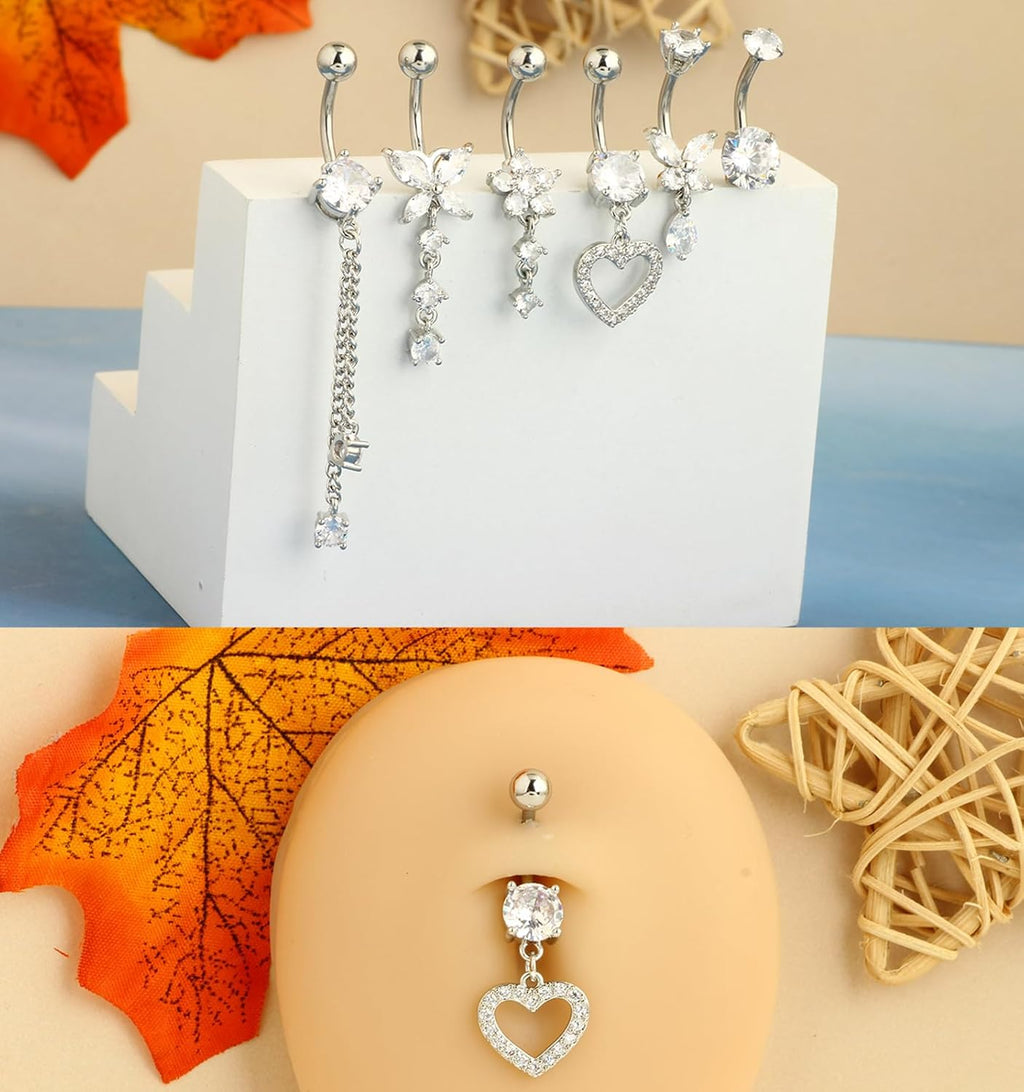 Surgical Stainless Steel Dangle Belly Button Rings for Women Belly Ring Dangling Piercing Jewelry with Heart Flower Butterfly Silver 14G - 我的商店我的商店我的商店