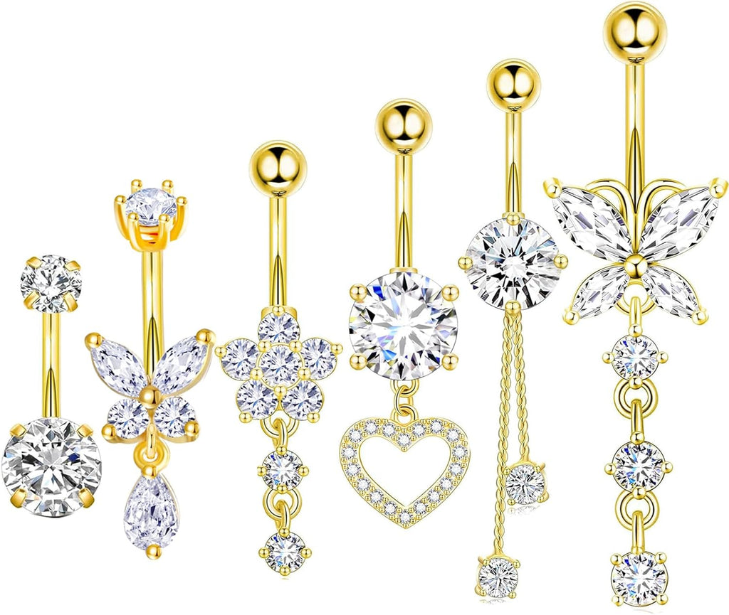 Surgical Stainless Steel Dangle Belly Button Rings for Women Belly Ring Dangling Piercing Jewelry with Heart Flower Butterfly Silver 14G - 我的商店我的商店我的商店