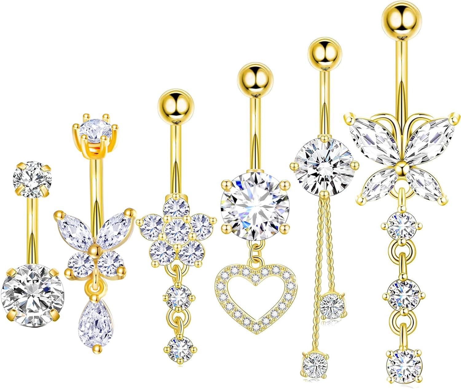 Surgical Stainless Steel Dangle Belly Button Rings for Women Belly Ring Dangling Piercing Jewelry with Heart Flower Butterfly Silver 14G - 我的商店我的商店我的商店