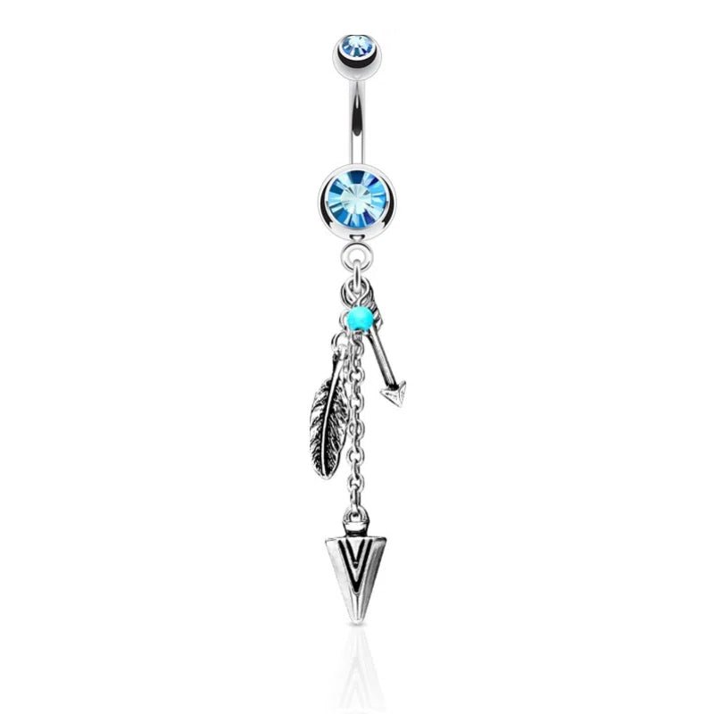 Surgical Steel Tribal Feather and Arrow Charms Synthetic Turquoise Dangle Belly Ring - QIAO CrystalQIAO CrystalQIAO Crystal