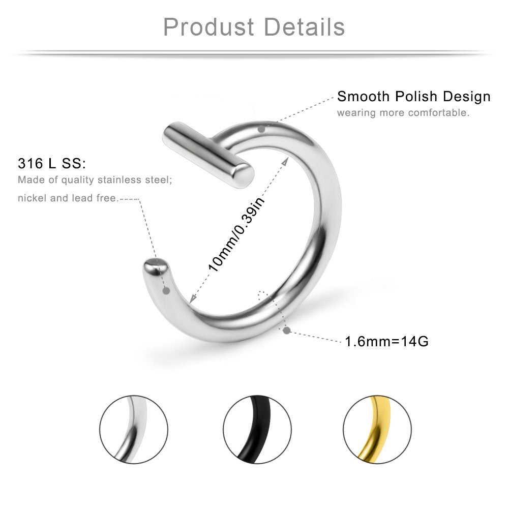 T Shaped Stainless Steel Gothic Clip on Non piercing Double Fake Cuff Lip Nose Ring Septum Hoop Women Men - QIAO Crystal我的商店QIAO Crystal