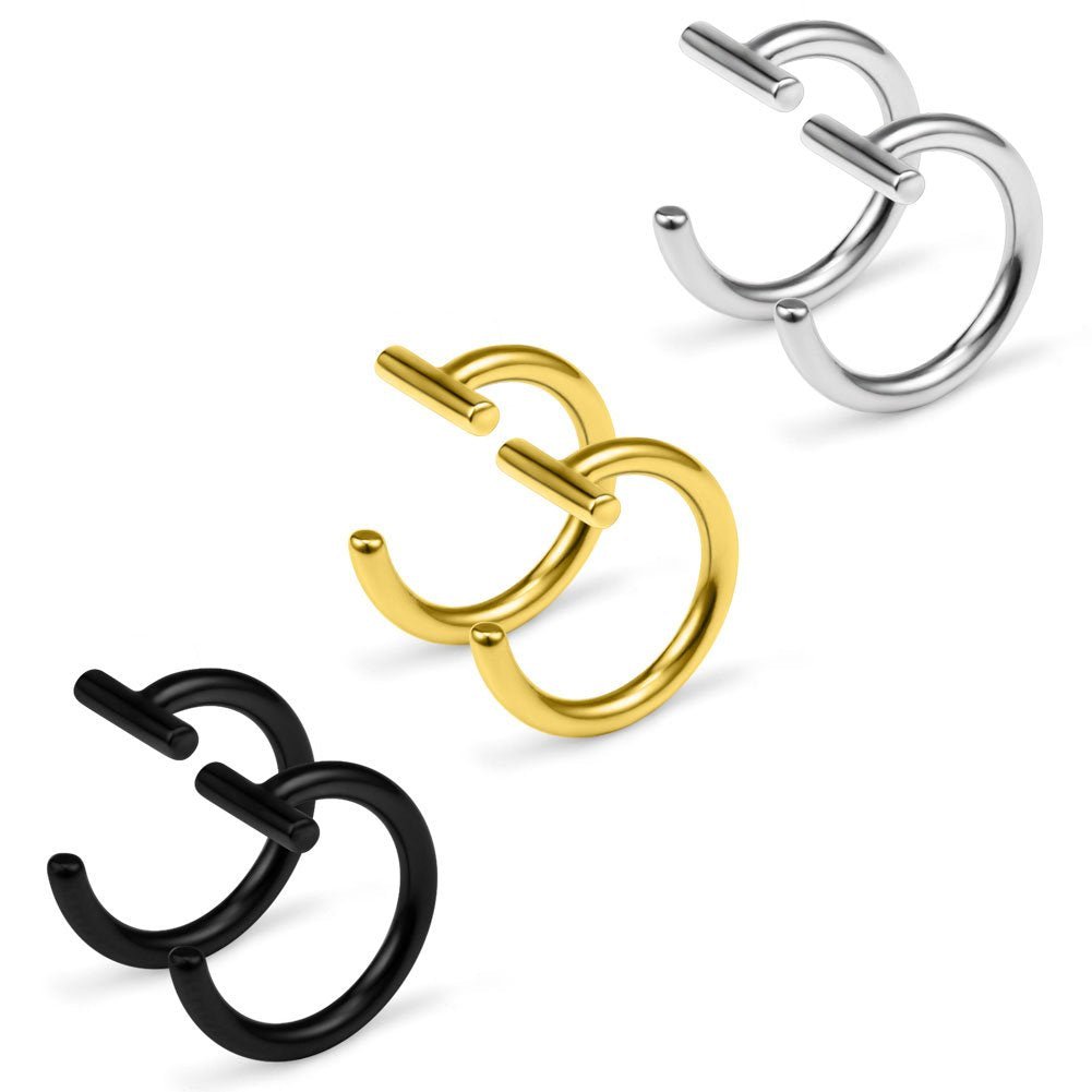 T Shaped Stainless Steel Gothic Clip on Non piercing Double Fake Cuff Lip Nose Ring Septum Hoop Women Men - QIAO Crystal我的商店QIAO Crystal